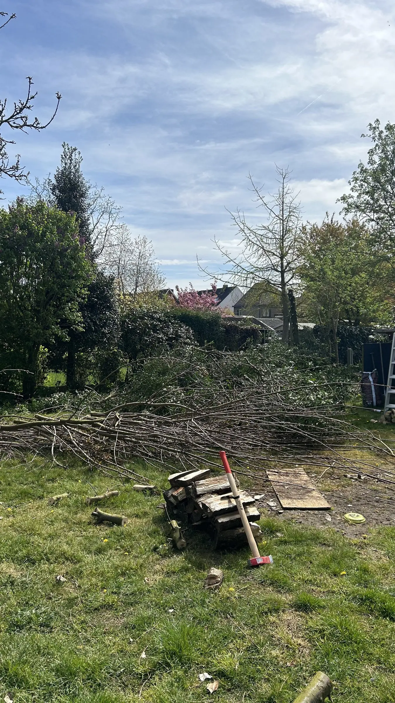 Opgeruimde tuin met snoeihout op een stapel